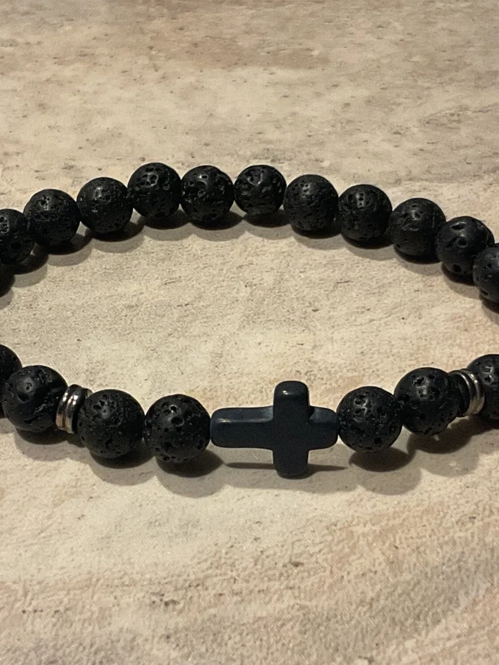 Men's Black Lava Bead Stretch Bracelet with Cross